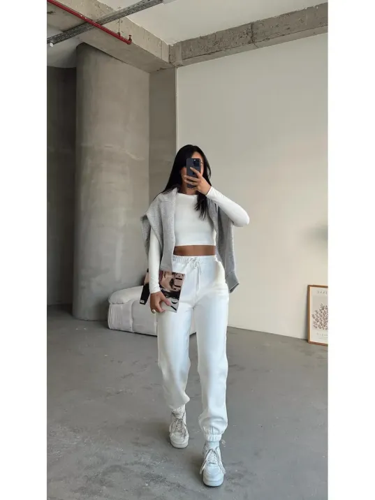 3 İplik Şardonlu Paça Lastikli Eşofman Beyaz İs001