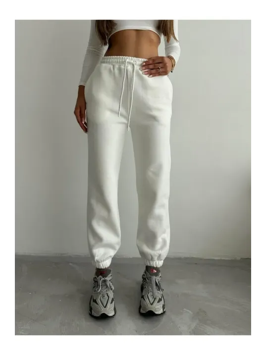 3 İplik Şardonlu Paça Lastikli Eşofman Beyaz İs001