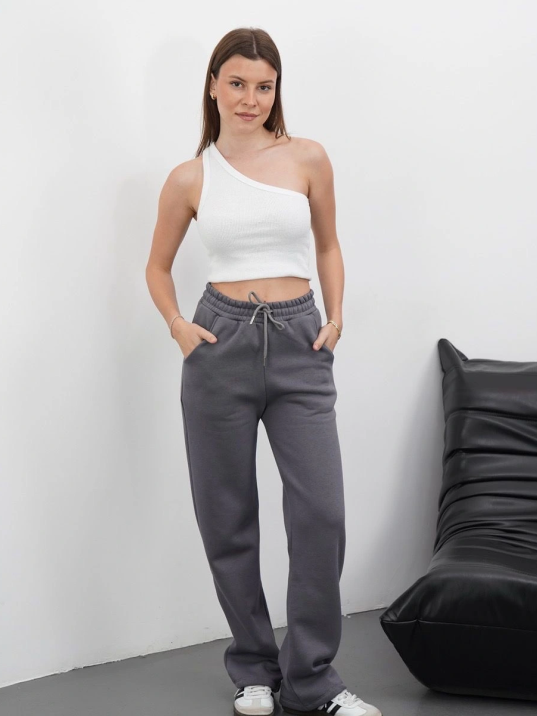 3 iplik şardonlu palazzo pantolon vizon md64