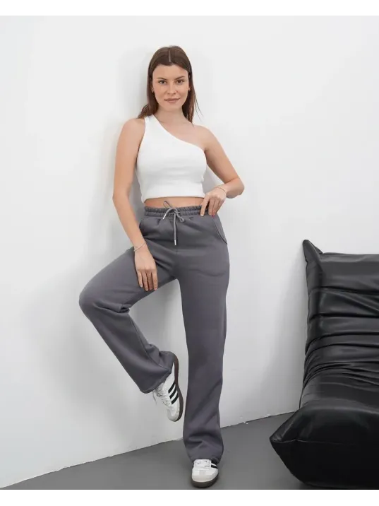 3 İplik Şardonlu Palazzo Pantolon Füme Md64