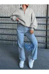 3 İplik Şardonlu Yarım Fermuarlı Sweatshirt Gri