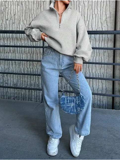 3 İplik Şardonlu Yarım Fermuarlı Sweatshirt Gri