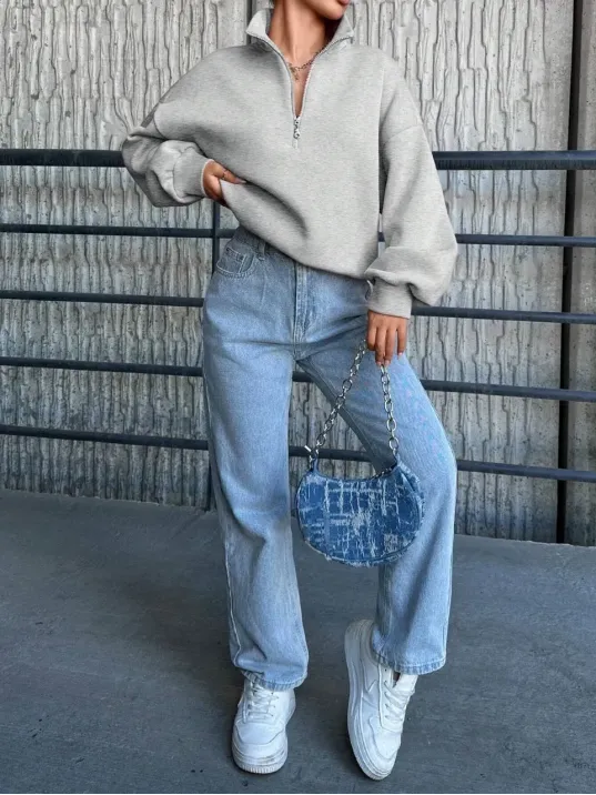 3 İplik Şardonlu Yarım Fermuarlı Sweatshirt Gri