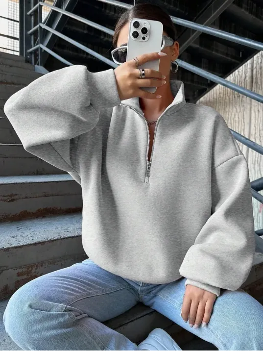 3 İplik Şardonlu Yarım Fermuarlı Sweatshirt Gri