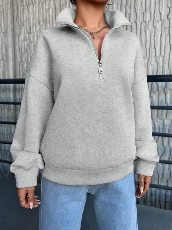 3 İplik Şardonlu Yarım Fermuarlı Sweatshirt Gri