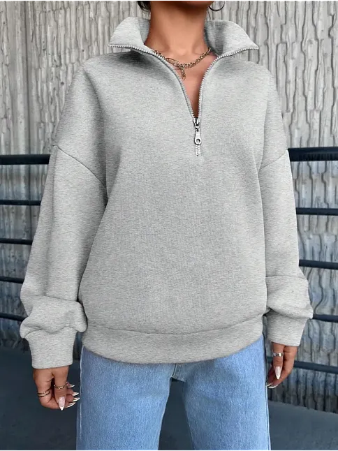 3 İplik Şardonlu Yarım Fermuarlı Sweatshirt Gri