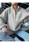 3 İplik Şardonlu Yarım Fermuarlı Sweatshirt Gri