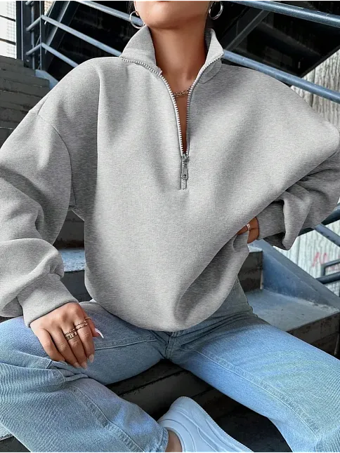 3 İplik Şardonlu Yarım Fermuarlı Sweatshirt Gri