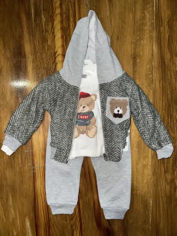 6-24 Aylık Ceketli Kapşonlu Üçlü Takım Gribeyaz