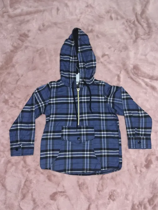 5-10 Yaş Ekoseli Yarım Fermuarlı Kanguru Cep Kapşonlu Ceket Mavi