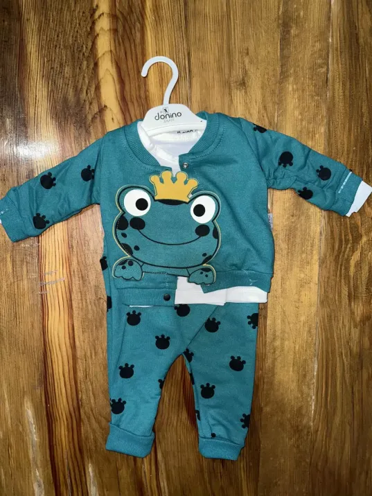 3-12 Aylık Kurbağa Desenli Üçlü Takım Koyumavi