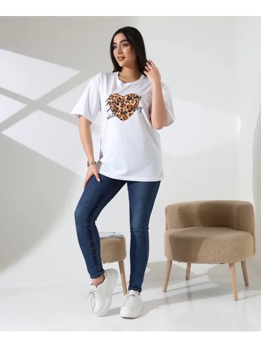 Leopar Kalp Baskılı Tişört
