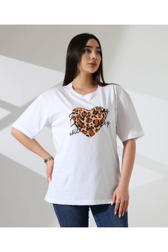 Leopar kalp baskılı tişört