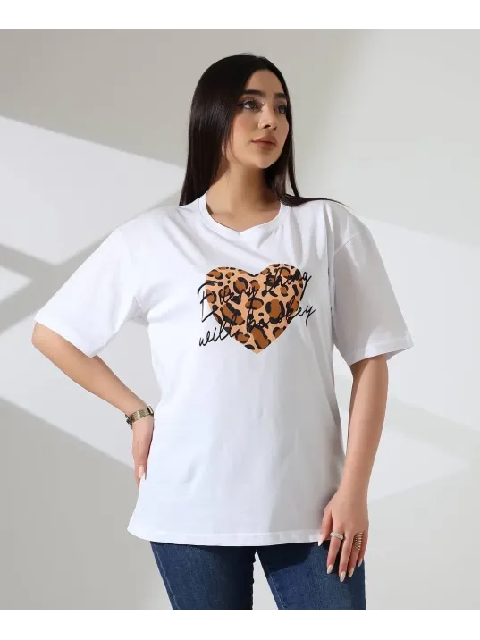 Leopar Kalp Baskılı Tişört