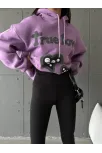 3 İplik Şardonlu Oversize True Baskılı Sweat Mor