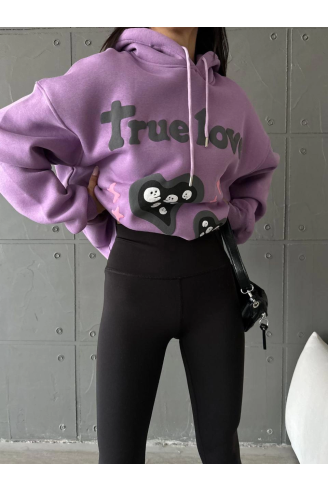 3 iplik şardonlu oversize true baskılı sweat mor