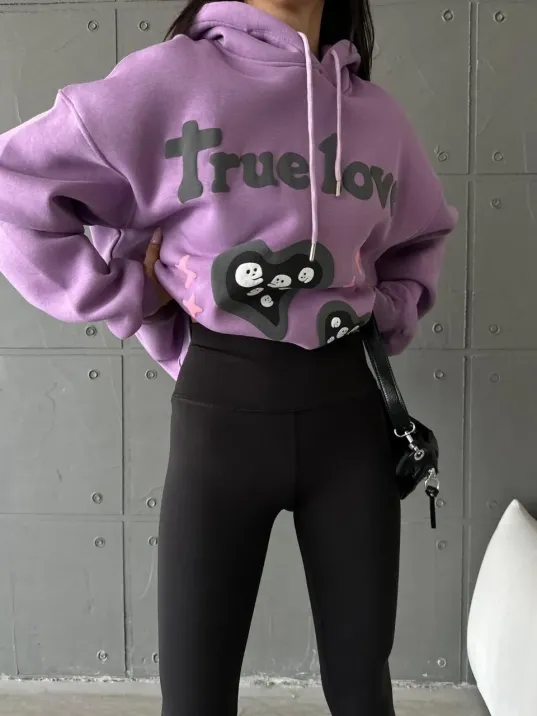 3 İplik Şardonlu Oversize True Baskılı Sweat Mor