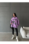 3 İplik Şardonlu Oversize True Baskılı Sweat Mor
