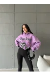 3 İplik Şardonlu Oversize True Baskılı Sweat Mor