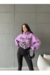 3 İplik Şardonlu Oversize True Baskılı Sweat Mor