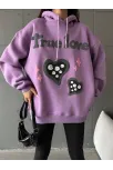 3 İplik Şardonlu Oversize True Baskılı Sweat Mor