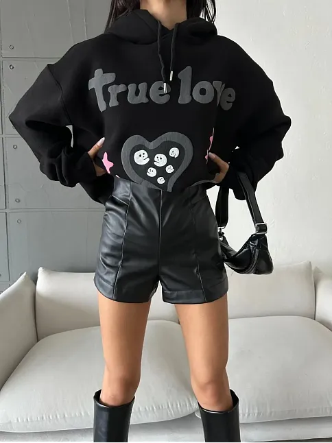 3 İplik Şardonlu Oversize True Baskılı Sweat Siyah