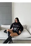 3 İplik Şardonlu Oversize True Baskılı Sweat Siyah
