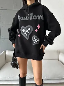 3 İplik Şardonlu Oversize True Baskılı Sweat Siyah