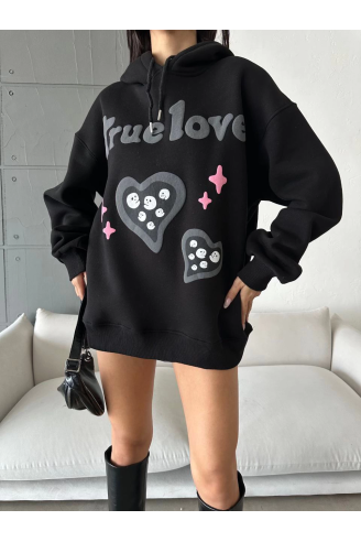 3 iplik şardonlu oversize true baskılı sweat siyah