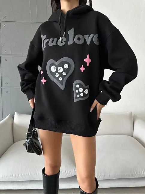 3 İplik Şardonlu Oversize True Baskılı Sweat Siyah