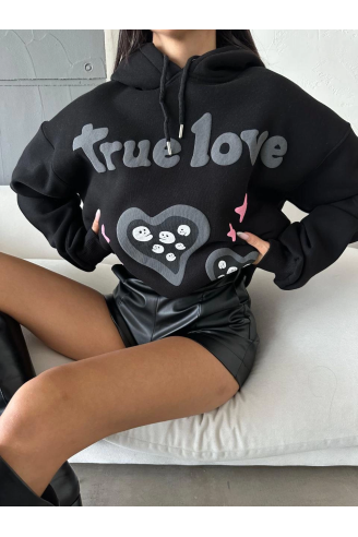3 iplik şardonlu oversize true baskılı sweat siyah