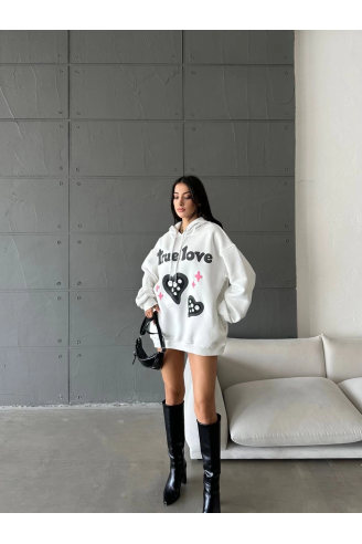 3 iplik şardonlu oversize true baskılı sweat Beyaz