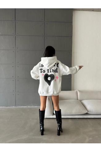 3 iplik şardonlu oversize true baskılı sweat Beyaz