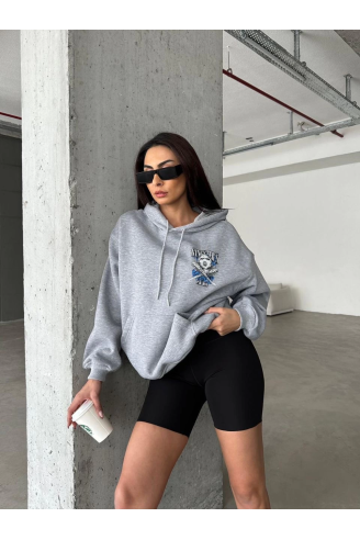 3 iplik şardonlu oversize kafa baskılı sweat gri