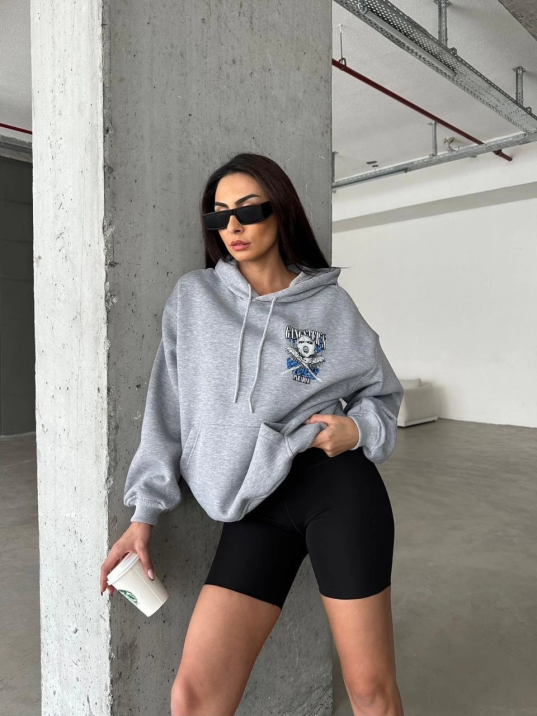 3 iplik şardonlu oversize kafa baskılı sweat gri 3 iplik şardonlu oversize kafa baskılı sweat gri