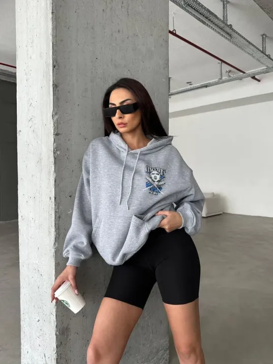 3 İplik Şardonlu Oversize Kafa Baskılı Sweat Gri 3 İplik Şardonlu Oversize Kafa Baskılı Sweat Gri