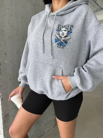 3 İplik Şardonlu Oversize Kafa Baskılı Sweat Gri