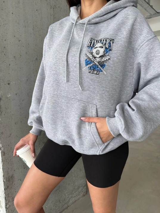 3 iplik şardonlu oversize kafa baskılı sweat gri 3 iplik şardonlu oversize kafa baskılı sweat gri