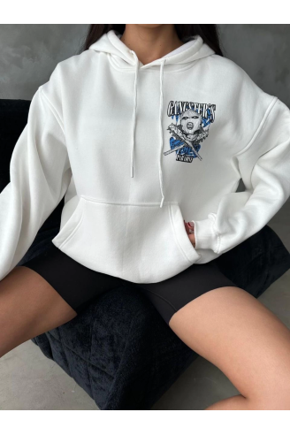 3 iplik şardonlu oversize kafa baskılı sweat beyaz