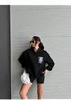 3 İplik Şardonlu Oversize Kafa Baskılı Sweat Siyah