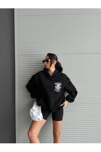 3 iplik şardonlu oversize kafa baskılı sweat siyah