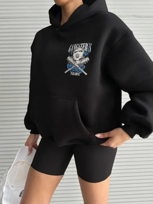 3 İplik Şardonlu Oversize Kafa Baskılı Sweat Siyah 3 İplik Şardonlu Oversize Kafa Baskılı Sweat Siyah