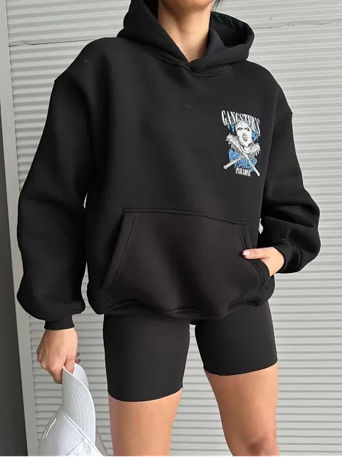 3 İplik Şardonlu Oversize Kafa Baskılı Sweat Siyah