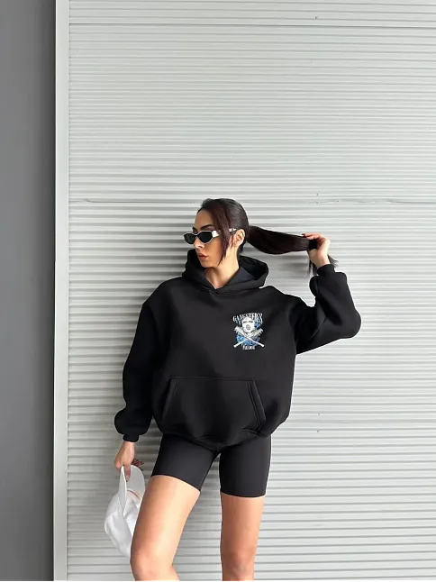 3 İplik Şardonlu Oversize Kafa Baskılı Sweat Siyah