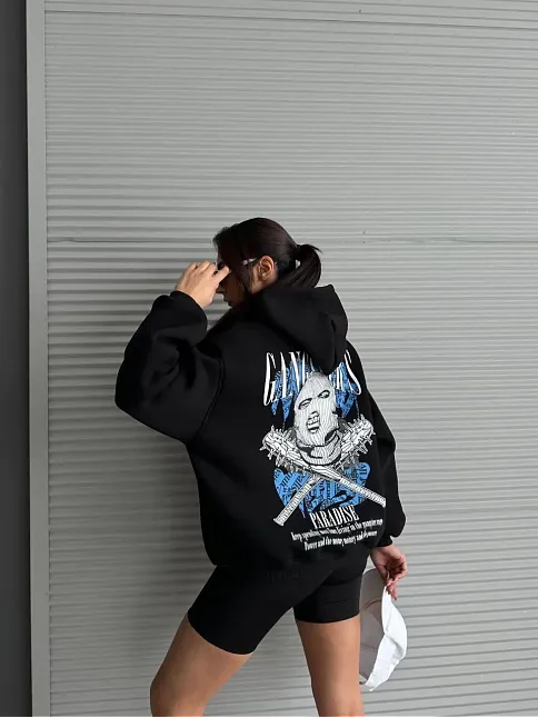 3 İplik Şardonlu Oversize Kafa Baskılı Sweat Siyah