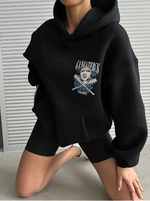 3 İplik Şardonlu Oversize Kafa Baskılı Sweat Siyah