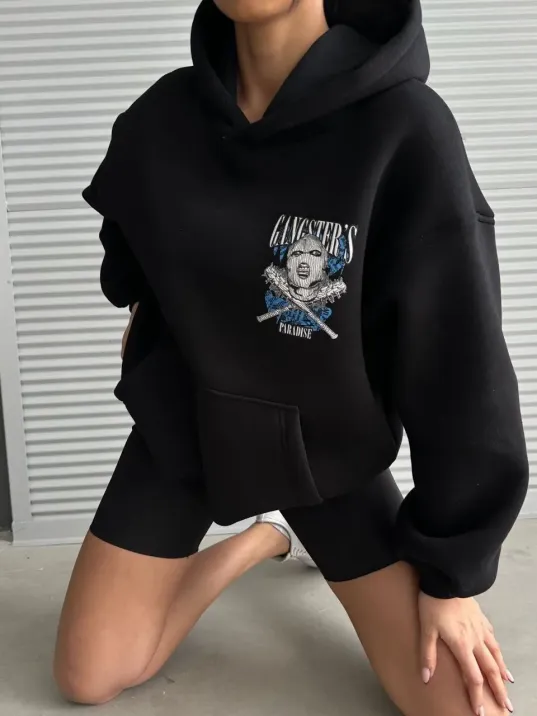 3 İplik Şardonlu Oversize Kafa Baskılı Sweat Siyah 3 İplik Şardonlu Oversize Kafa Baskılı Sweat Siyah