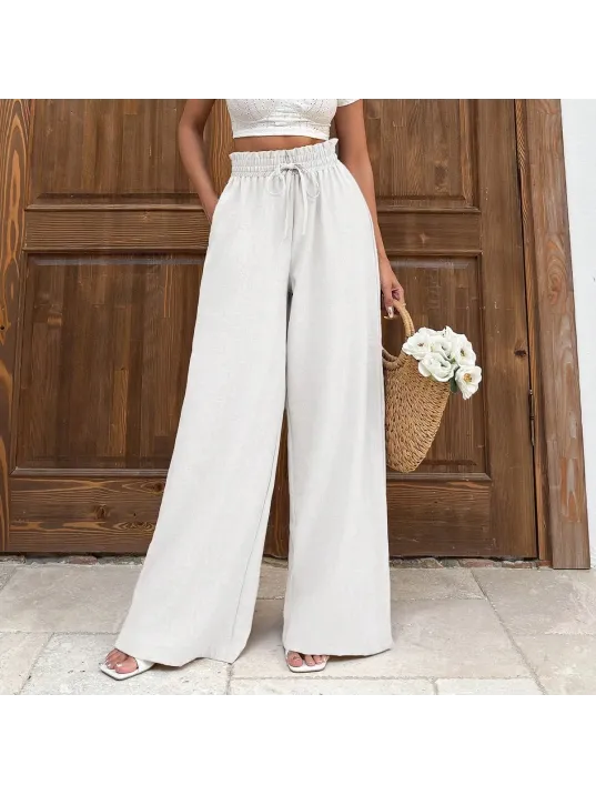 Keten Bağcıklı Beyaz Pantolon