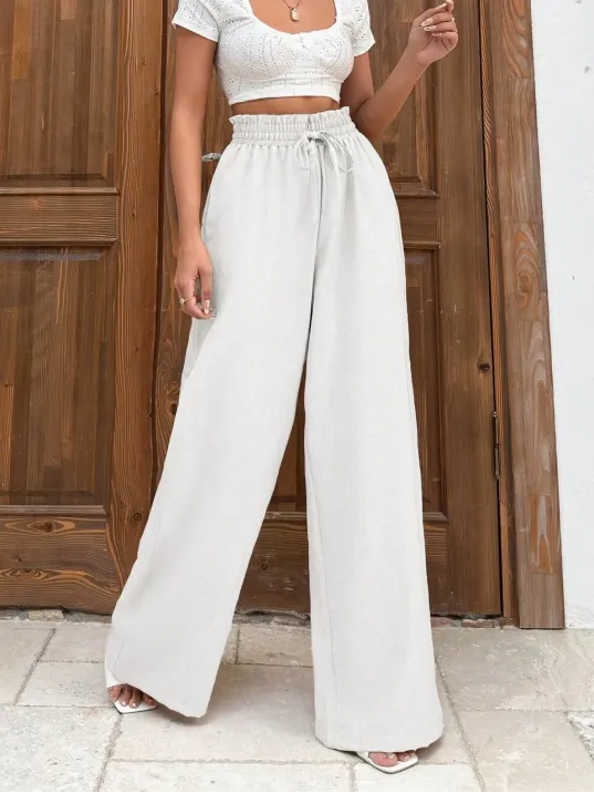 Keten Bağcıklı Beyaz Pantolon