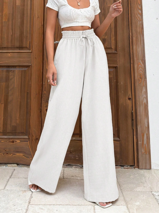 Keten Bağcıklı Beyaz Pantolon